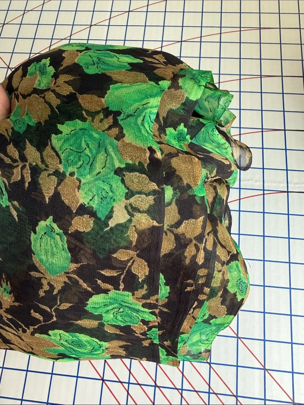 Vintage 70s Sheer Floral Fabric 4 Yards Green Roses Black Gold Flowy 42”